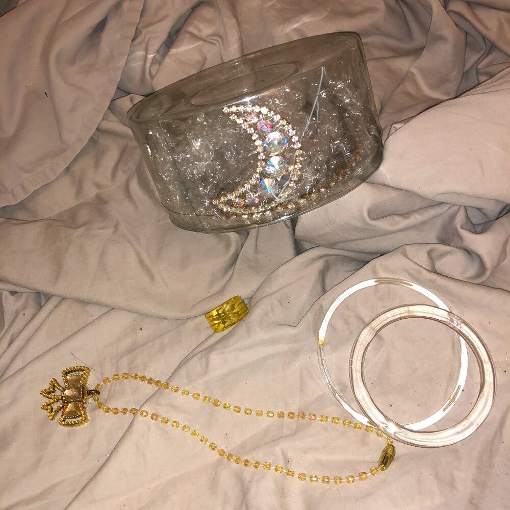 bundle gold rhinestone crescent tiara, necklace, 2 bracelets, ring